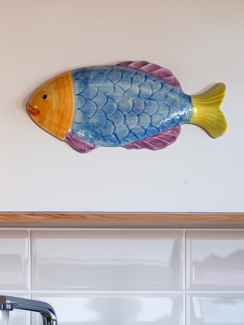 Hand-Painted Blue Ceramic Fish Décor with Yellow Tail and Orange Head by ZRIKE